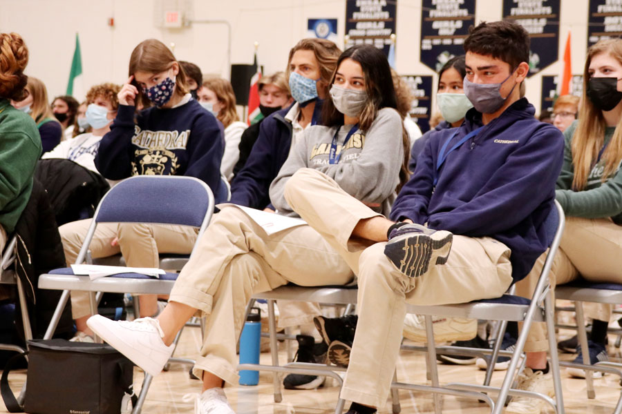 Asian Student Union member junior Joseph Mariani, far right, represents the AAPI community at the multicultural assembly that took place earlier in the school year in the Welch Activity Center. 