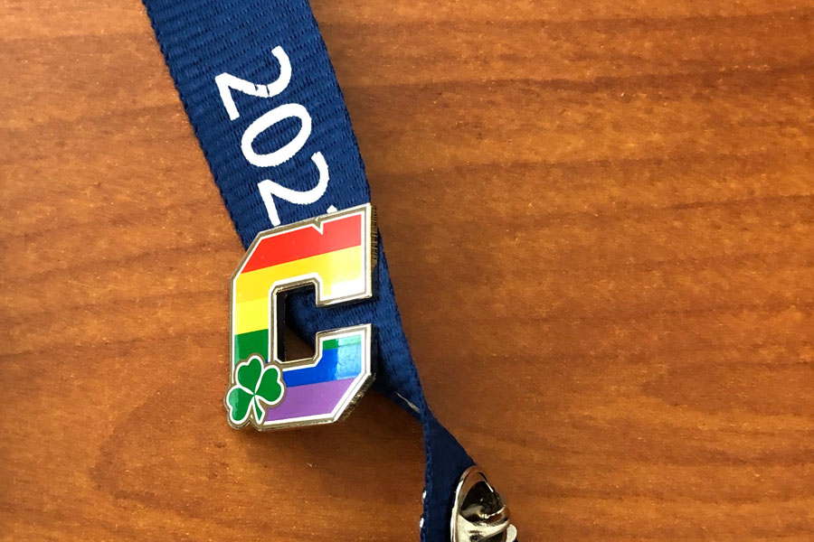 Rainbow pins worn on lanyards show support for the LGBTQ+ members of the Irish family.