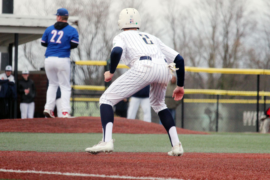 During a game earlier this season, junior David Ayers takes his lead off first base. 