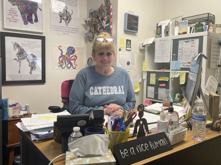 Nurse Marianne Vogt ‘83 answered questions about the school’s Flu Vaccine Clinic which will be held on Sept. 27 in the Mimm’s Gym.