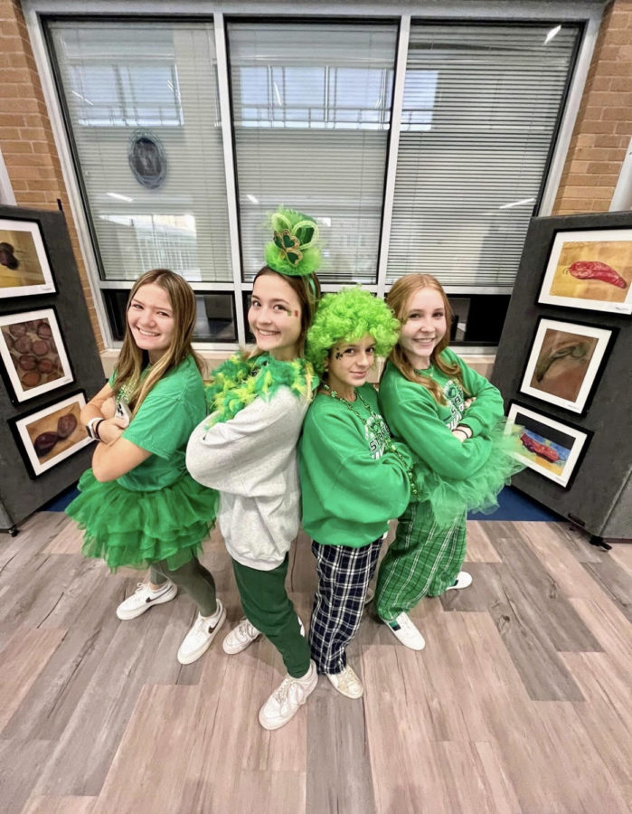 A group of Cathedral students display their "All-Out Irish" spirit wear.