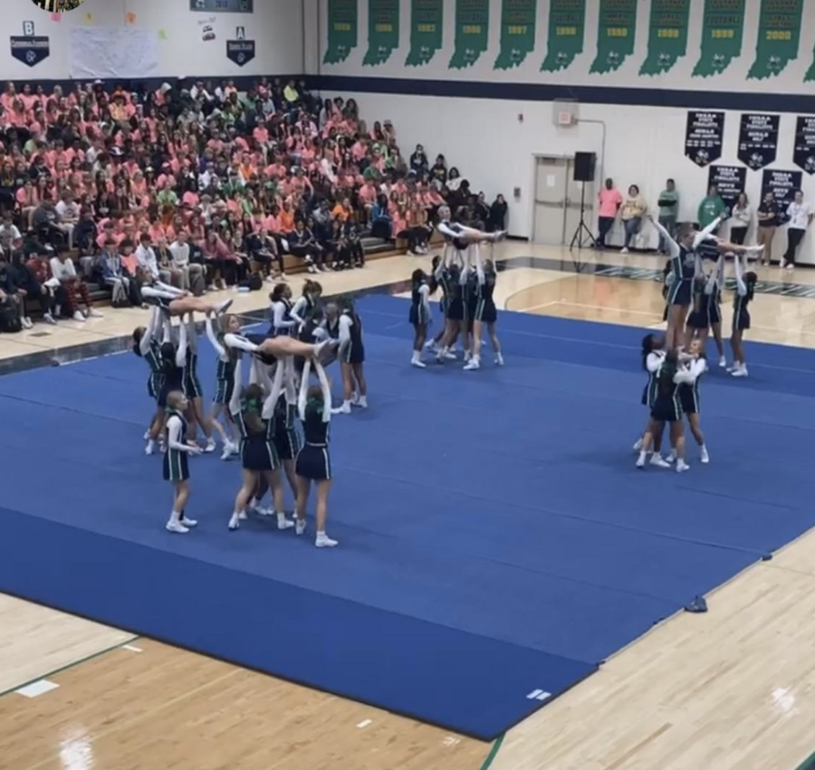 Cheerleaders performing during school assembly.