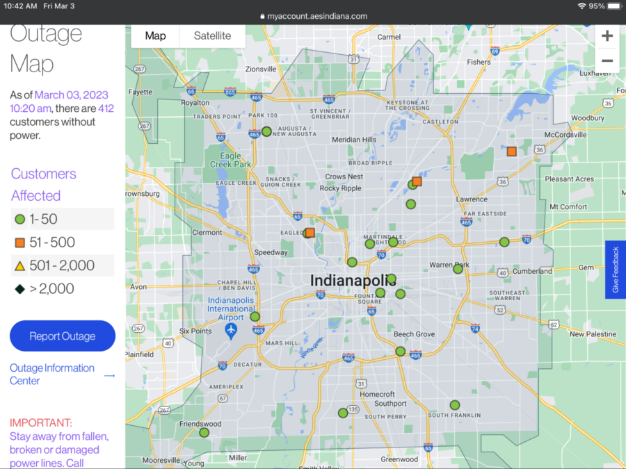 The AES outage map showed many affected areas.