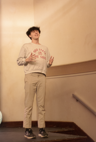 Joey Schmidt (12) practices in the Joe O'Malia Performing Arts Center in anticipation of The SpongeBob Musical. Schmidt shines inside and outside of the classroom.