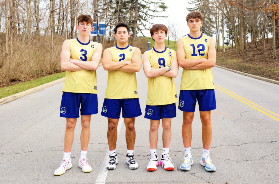 Men’s Volleyball seniors (L-R) Mitchell Coolbaugh, Jack Whitley, Brayden Moyars and Gavin Weed pose for a picture on the Hill