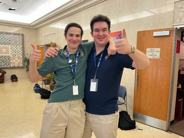 Left from right, Seniors Charles Haas and Colin Chandler, SpongeBob and Patrick respectively in the show, pose for a picture.