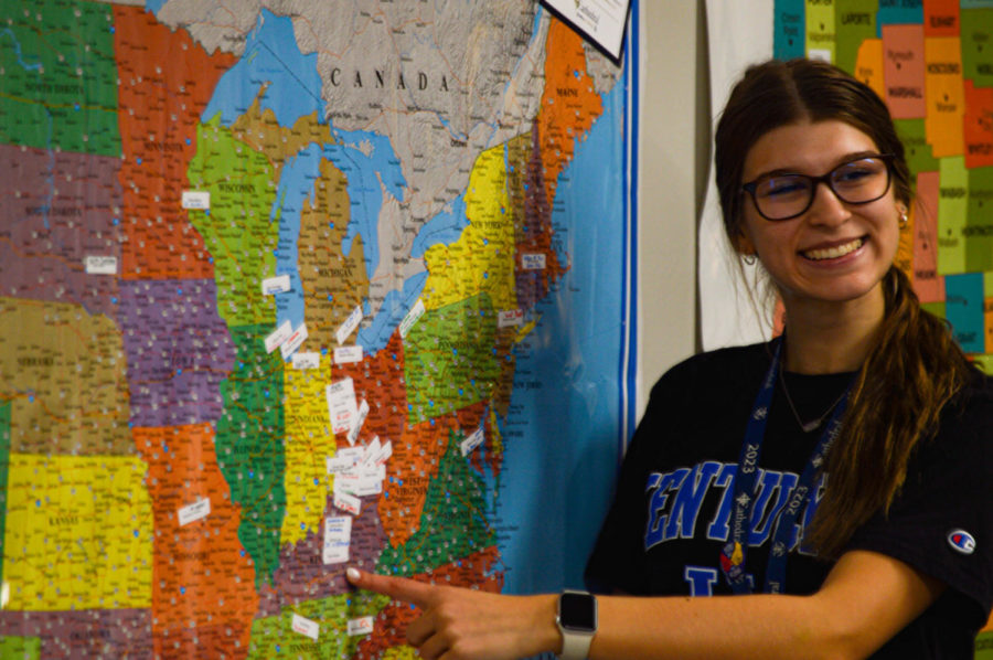 Senior, Caroline Keltner, points to the University of Kentucky which she will be attending. Seniors during lunch on Monday were able to place their name tags on a state according to the college they are attending. Mrs. Pivonka, the College and Career Coordinator says, “I am very sad to see the seniors graduate, but I know they are ready. I think that Cathedral has prepared the senior class well for their academic challenge.” She is preparing to work with the class of 2024 and hopes that they are ready to begin planning their college career. She says, “Juniors should already be paring down their lists. Juniors will also have the opportunity to attend a college workshop in June to start their applications. More details to come.”