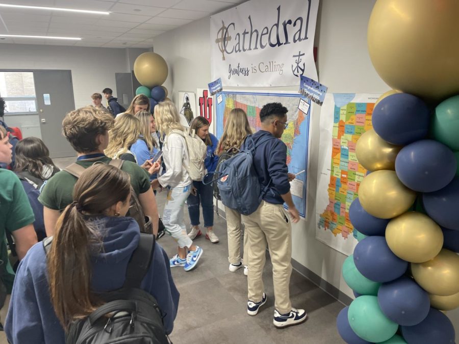 Students put their names on the US map if they were attending an out-of-state college and put their name on the Indiana map if they were staying in-state.