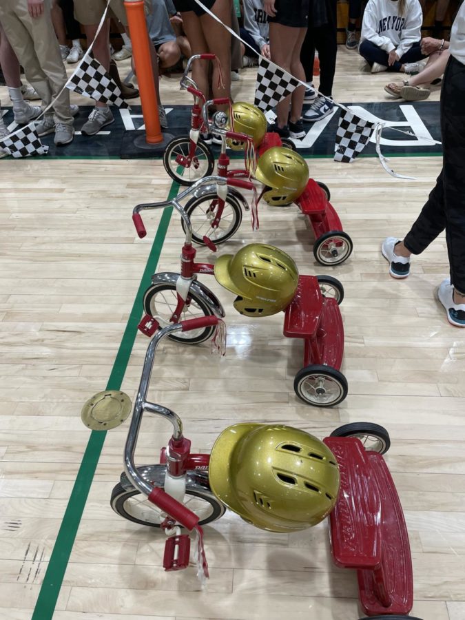 The tricycles wait, set up perfectly, for the race to begin.