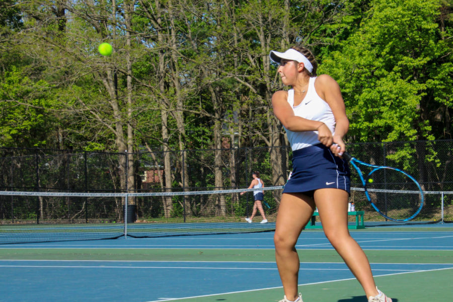 Lady Irish tennis takes on the Eagles of Guerin Catholic. Manager Sam Sgroi (senior) says, “Their greatest challenge is their mentality. It’s all in their head.” The Irish won their overall matches 3-2.