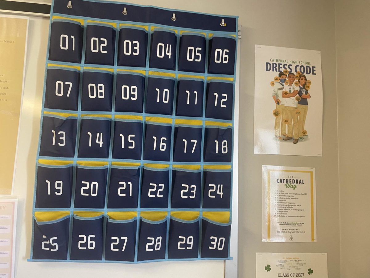 A phone “jail” or “apartment” hangs on a whiteboard waiting to be populated with students’ phones before school on  August 21. This fixture is now in every classroom for students to store phones during classes as part of a new policy. 