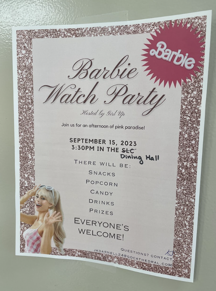 A call out poster for the Barbie movie hangs on a door in the World Languages Hallway. 