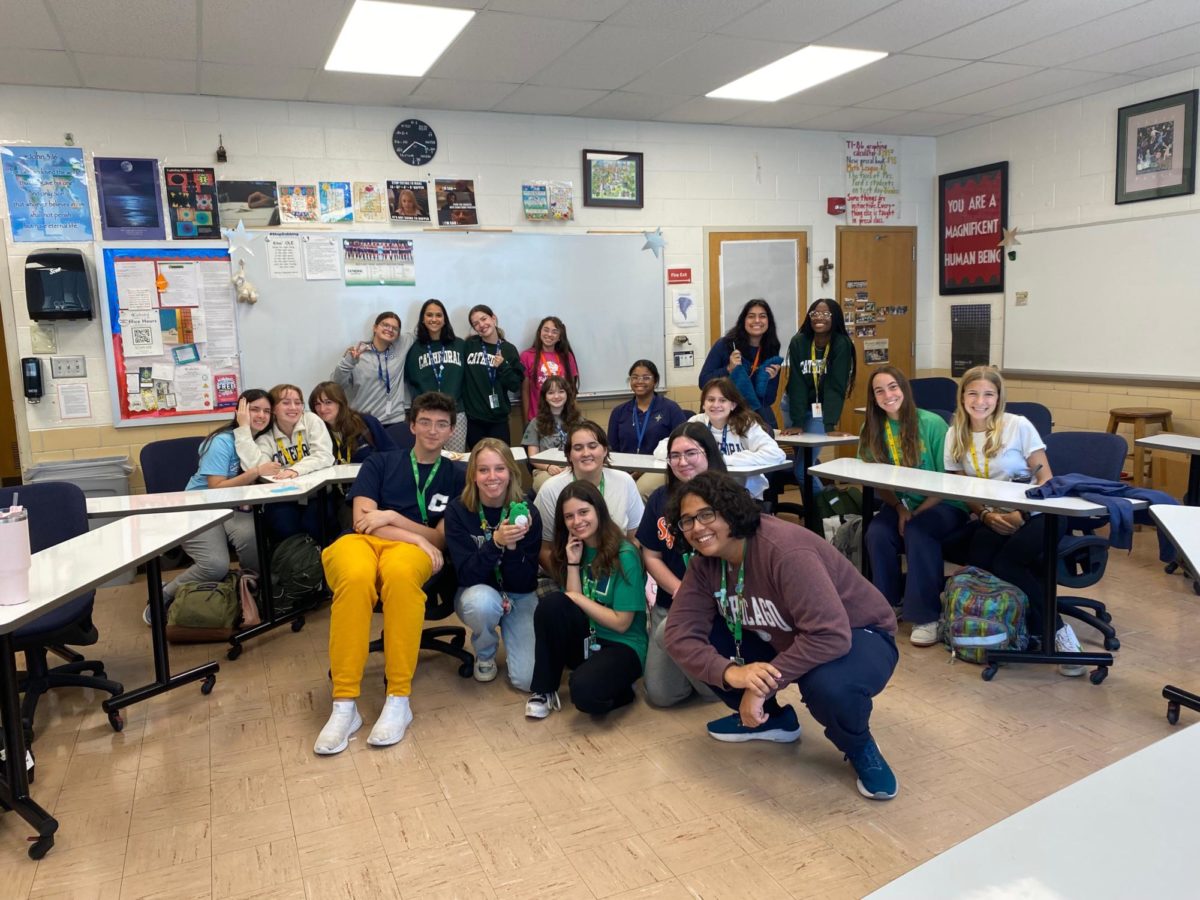 Members of the Crochet Club pose for a picture during a meeting on Sept. 15. The club meets on Fridays from 3:30 to 4:30 p.m. Club Co-President Senior Zoey Johnston said, “We just hang out and learn how to crochet; we have snacks and it’s a really nice environment.” Photo submitted. 