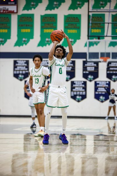 Junior Lebron Gough (0) shoots a free throw in a Jan. 27 game versus Don Bosco Prep. The Irish won 91-73 in Gough’s third game back from injury. Delaney said of Gough’s injury, “It just kind of stopped the flow of everything.” 

Visit ohsnapindy.com for more photos