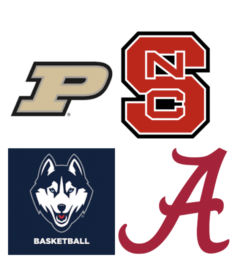 The four teams remaining in the NCAA Men's Tournament. Purdue faces NC State and top-seeded UCONN faces Alabama. The Championship will be played Monday April 8th