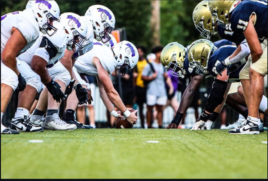 The defensive line readies for Brownsburg to snap the call. Cathedral struggled in the trenches and gave up a total of 239 yards on the ground. In two games, the Irish have sacked the QB only 2 times.