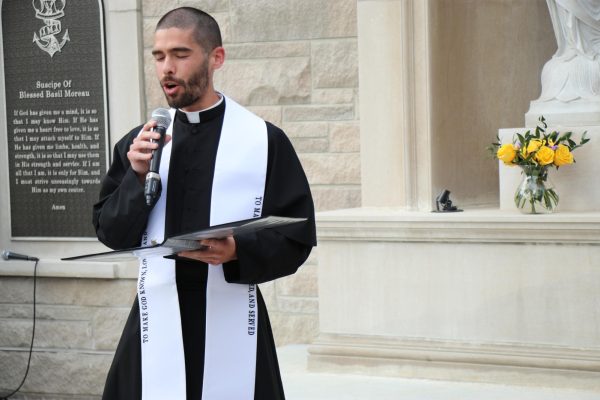 Fr. Geoff speaking at the new grotto on May 7th in a dedication ceremony. The Grotto was prayed over and blessed by Father Geoff. “Having it officially be open for use will be a huge gift.  I'm excited to see our school celebrate that it's finally done and ready for use.”
