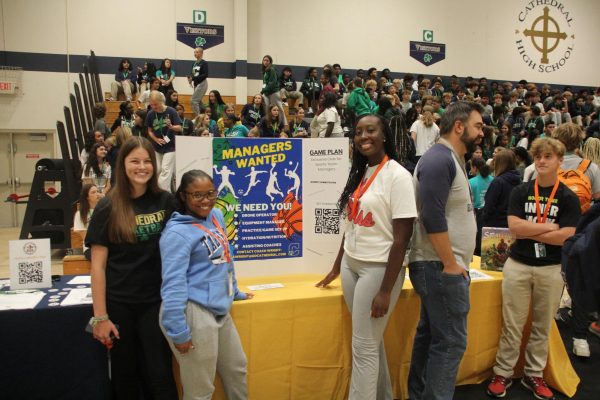 Members of the class of 2025 at last year's Activity Fair. The Activities Fair showcases clubs from basketball managers to dance club to Key club and so much more. "There are so many clubs to get involved with at Cathedral. It is a blessing to have so many options," said Irish Connection moderator Marc Quaranta.