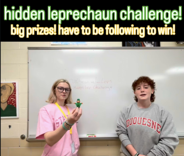 Isabella Caldwell and Clare Meschi present the mini leprechaun that will be hidden for the challenge. The leprechauns introduce the challenge and the first lead on their instagram page. “I love challenges, so why not make one for students? Good luck to them!” Cadwell ‘26 shared. 
Photo from Cathedral Leps Instagram.