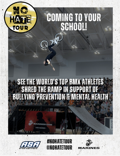 No Hate Tour poster found in Cathedral's bulletin. The No Hate Tour uses BMX bikers to inspire students to pursue their passions, block out negative influences, and stand up against bullying while promoting mental health awareness. Antony Ernst said, “Our hope is to recognize and address any division or bullying in our school, and to realize that our true strength lies in our common ground, in which each of us brings something unique to the table so that together we are all Fighting Irish."