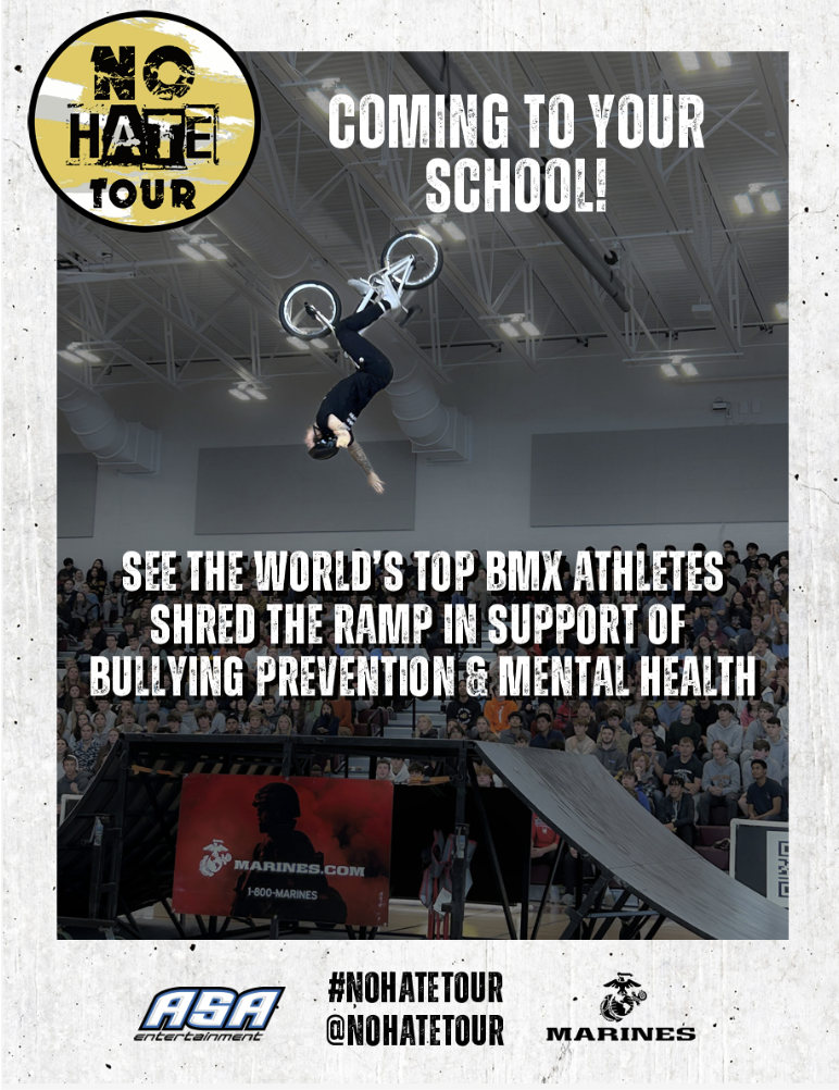 No Hate Tour poster found in Cathedral's bulletin. The No Hate Tour uses BMX bikers to inspire students to pursue their passions, block out negative influences, and stand up against bullying while promoting mental health awareness. Antony Ernst said, “Our hope is to recognize and address any division or bullying in our school, and to realize that our true strength lies in our common ground, in which each of us brings something unique to the table so that together we are all Fighting Irish."