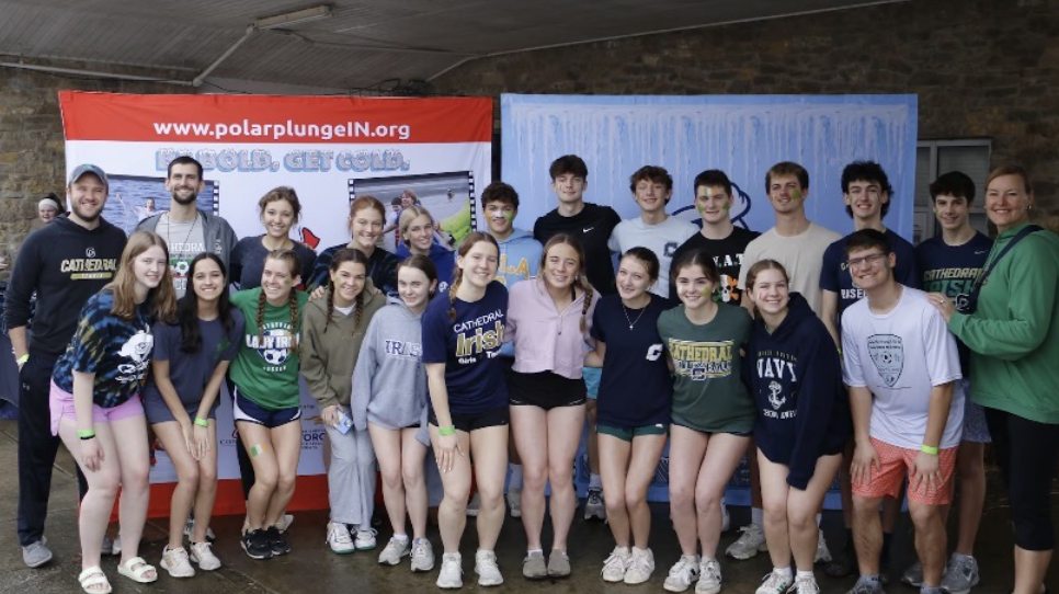 All participants from Cathedral pose for a picture. Over 600 high school and middle school students from Indiana gathered together for the Polar Plunge. Rehagen said, “This is not a passive thing that you just sit back to wait and let other people get involved. We all individually are called to actively love, to participate in community service and in our faith and show what it means to be Christian, to be Catholic.”